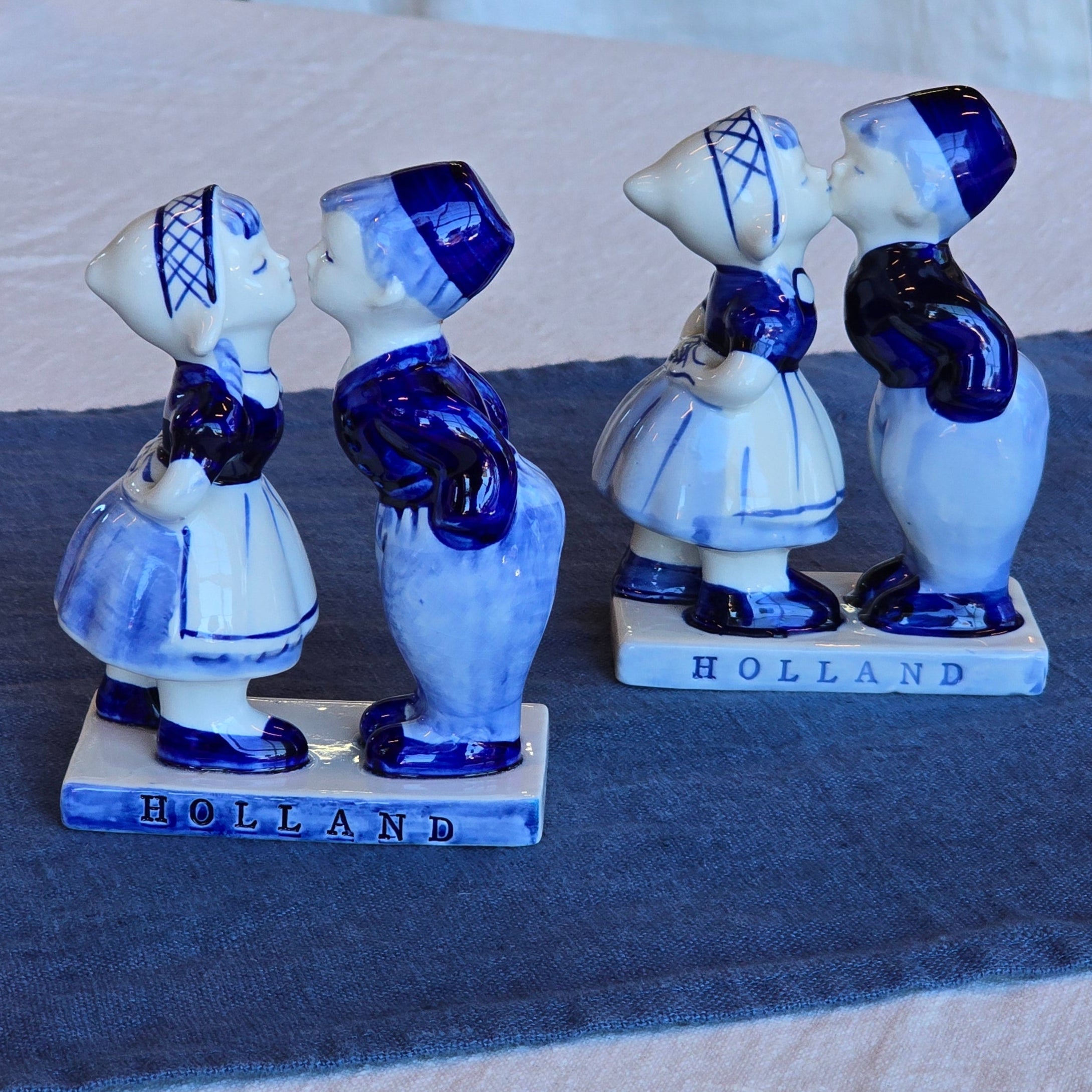 Pair of Vintage Delftware Dutch Boy & Girl Kissing Porcelain Figurines