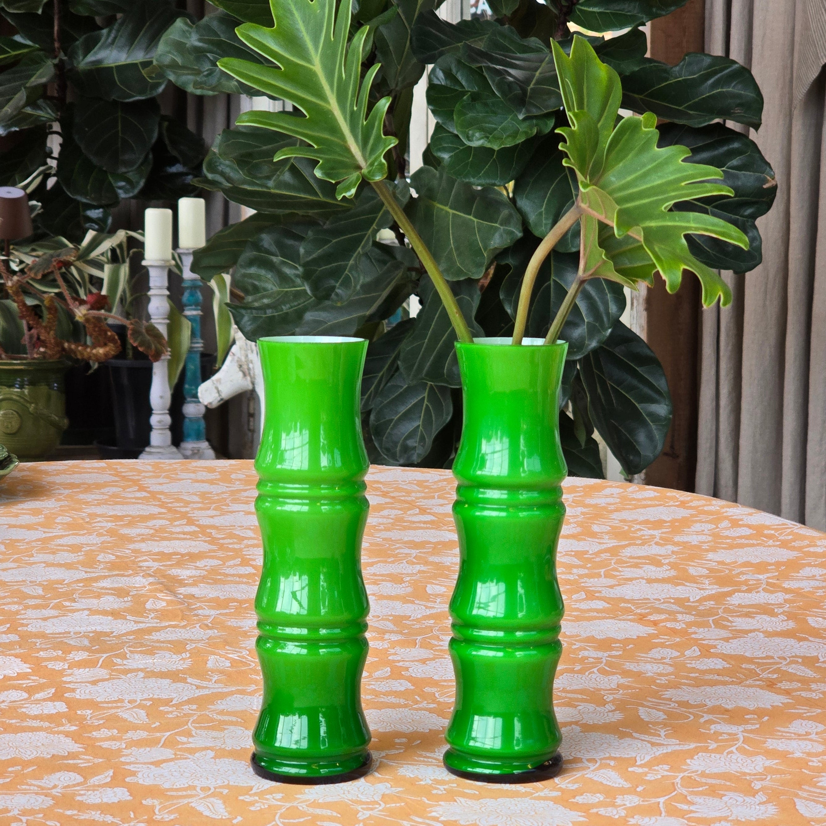 Pair of Cased Glass Bamboo Vases - circa 1970