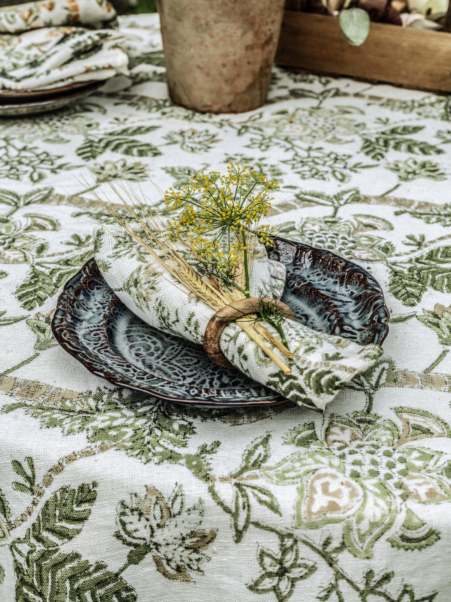 Linen Tablecloth Floral Design - Olive
