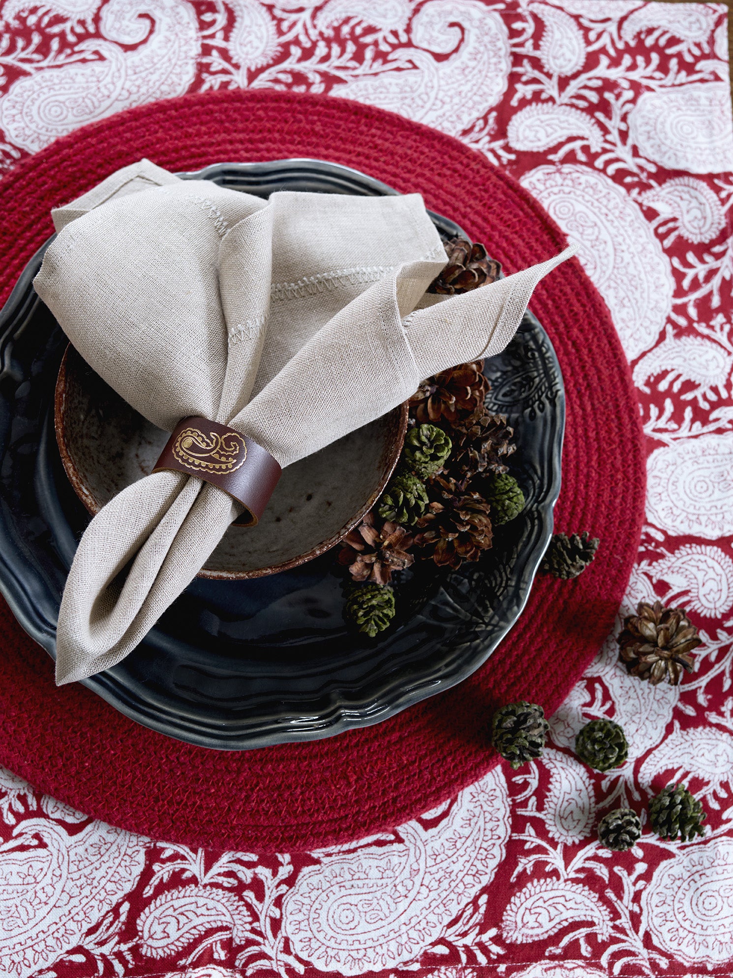 Cotton Tablecloth Big Paisley Design - Red