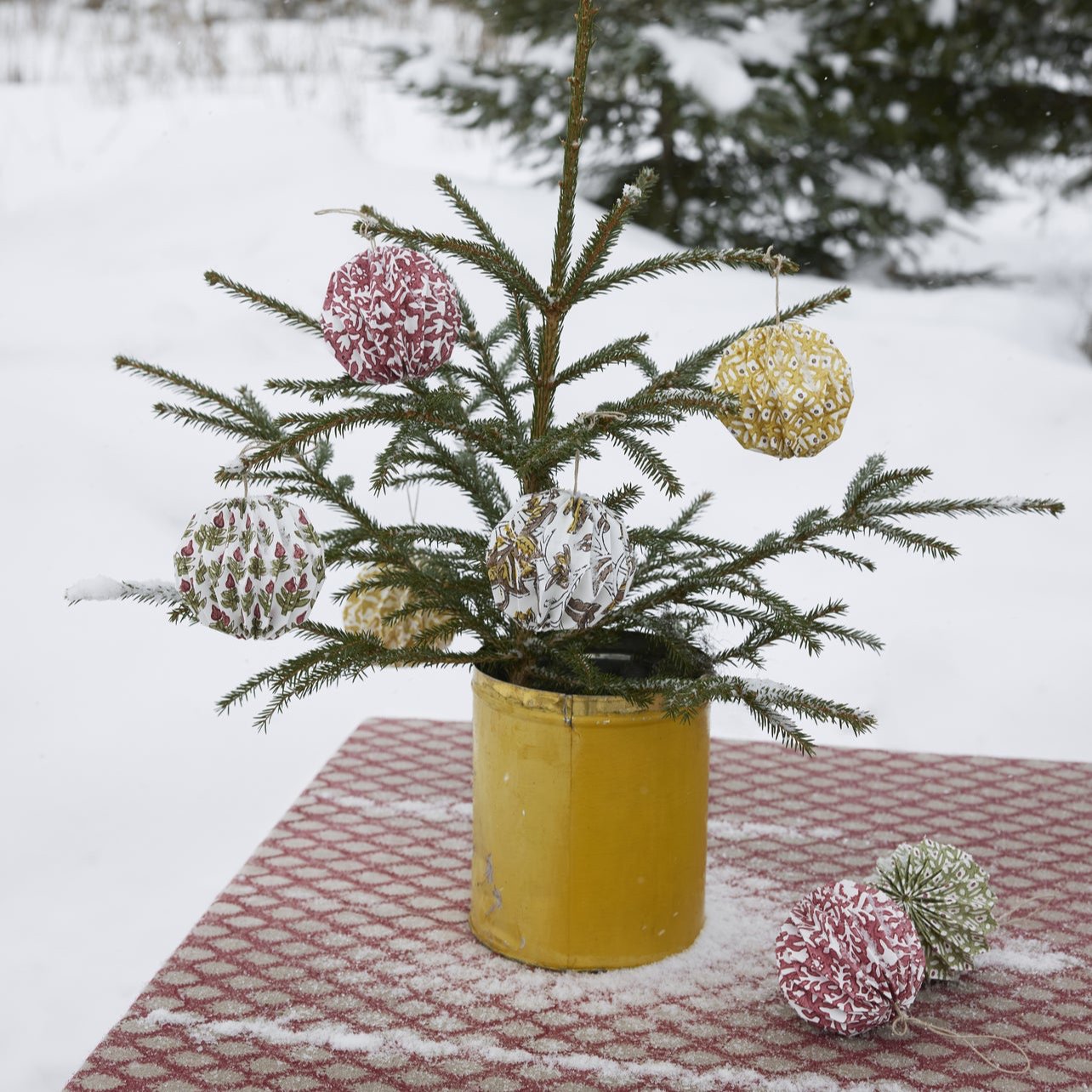 Hand block printed Origami Baubles - Ochre & Grey Set of 3