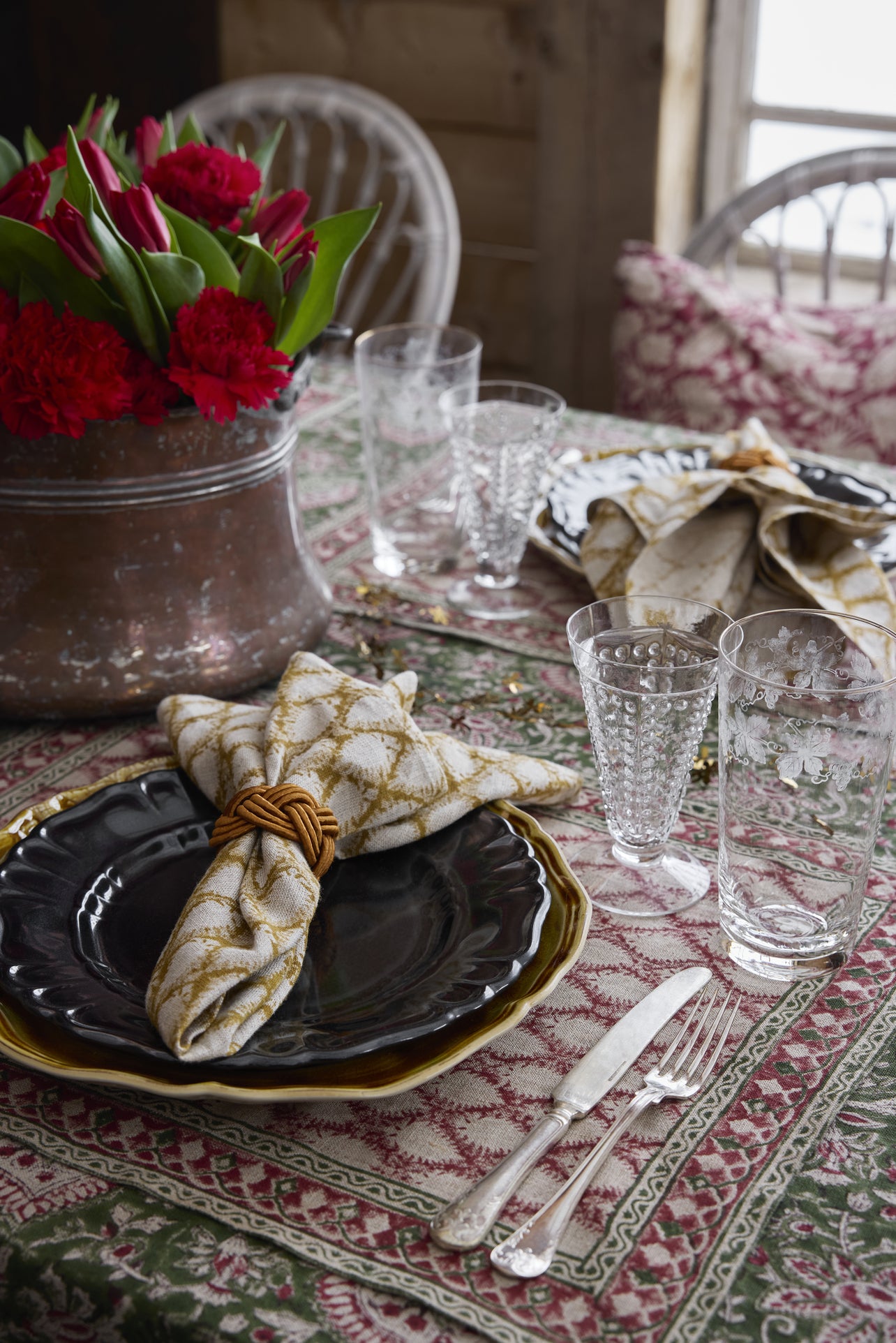 Linen Tablecloth Oriental Design - Green