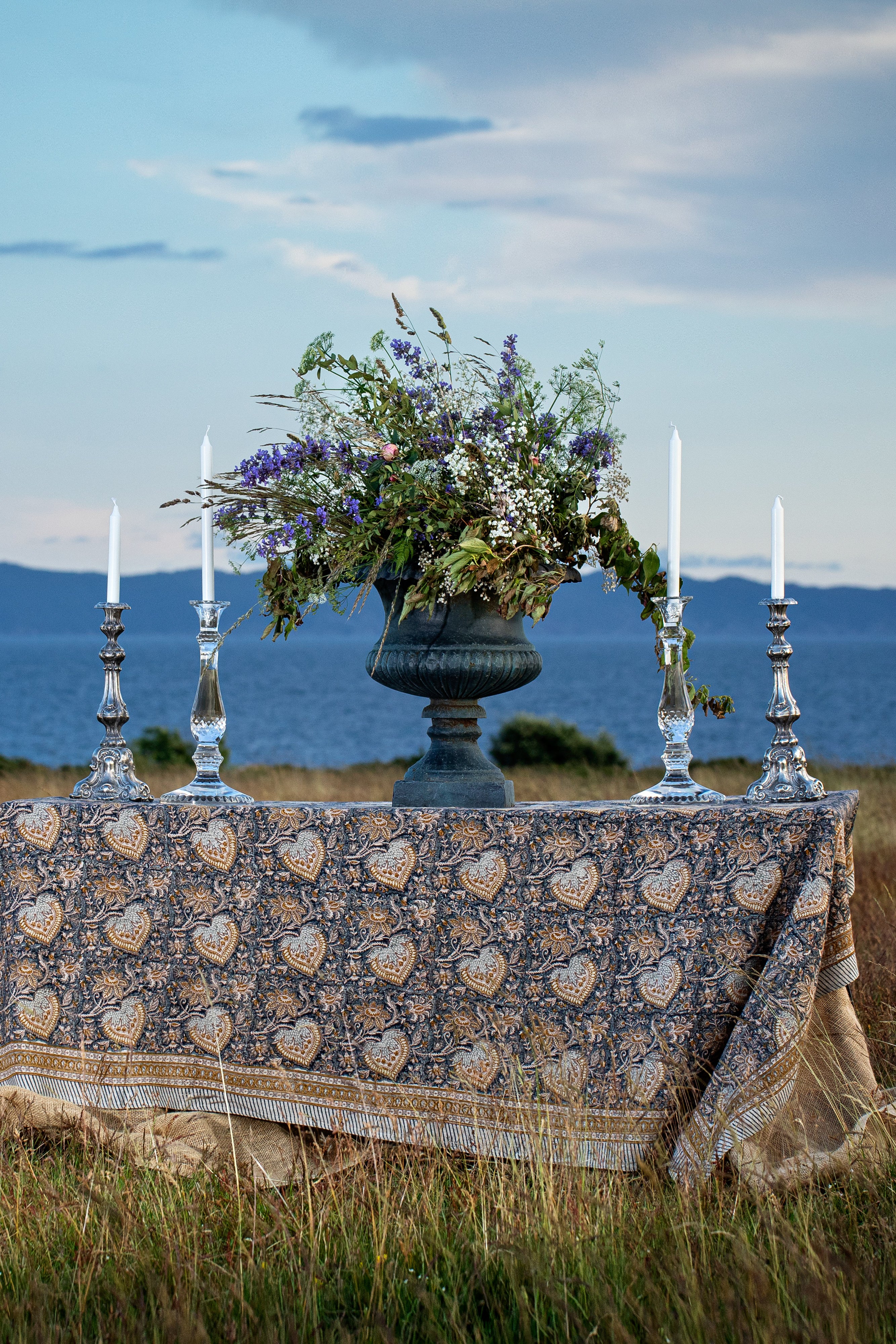 Linen Tablecloth Oriental Design - Navy Blue