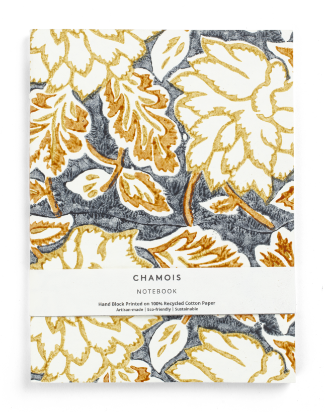Hand block printed notebook - Ochre/Grey