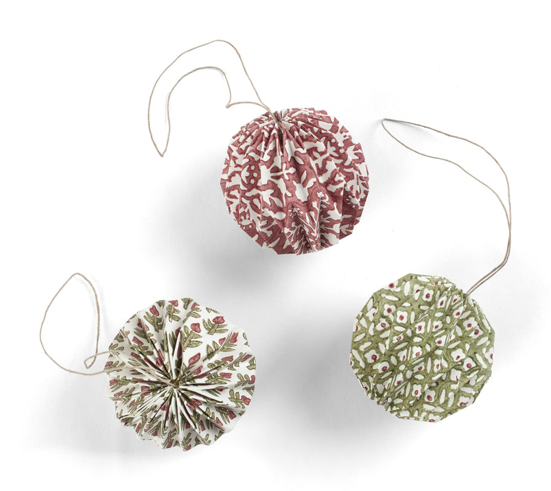 Hand block printed Origami Baubles - Ochre & Grey Set of 3