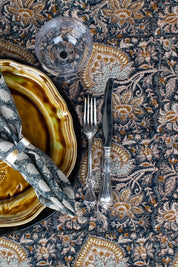 Linen Tablecloth Oriental Design - Navy Blue