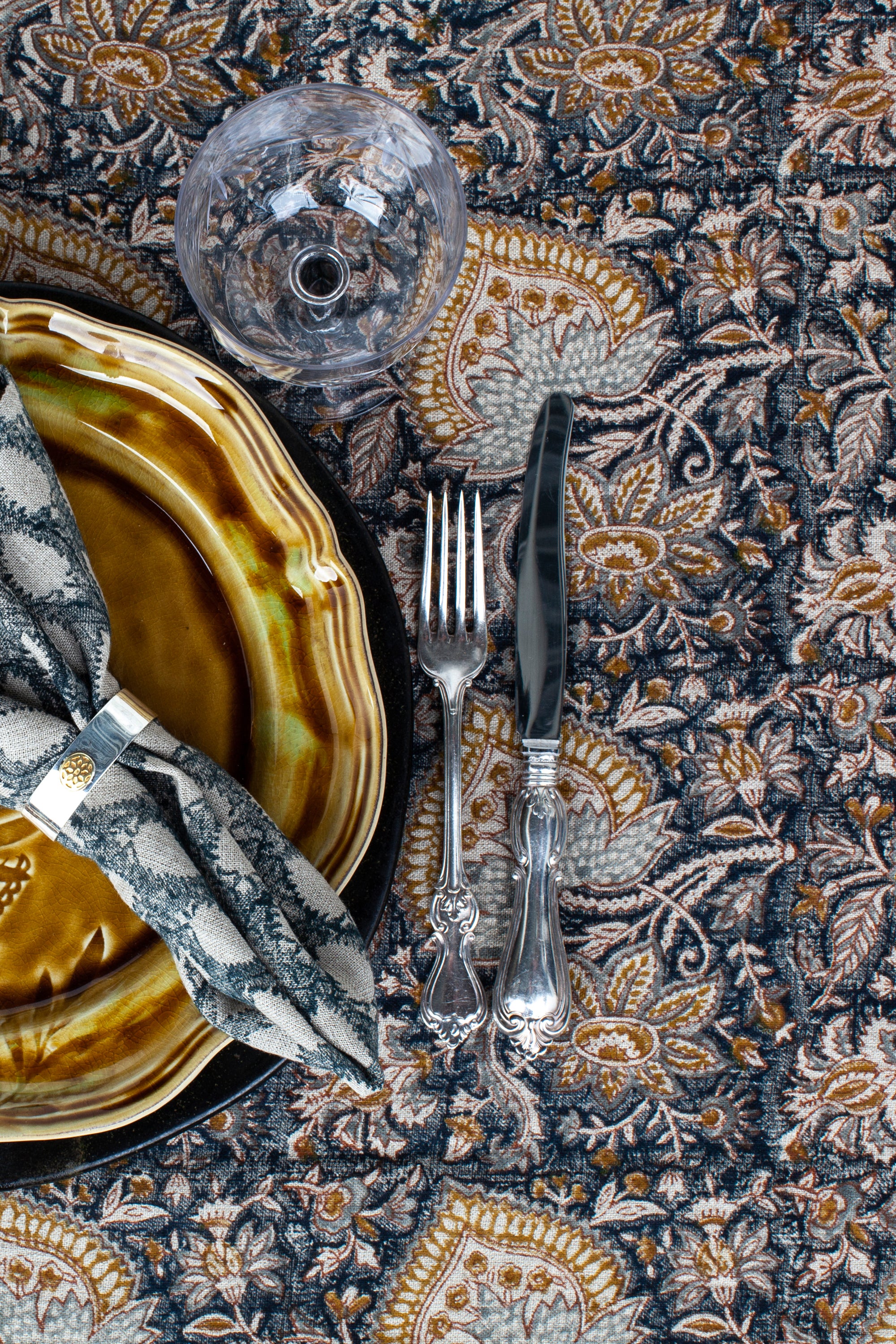 Linen Tablecloth Oriental Design - Navy Blue