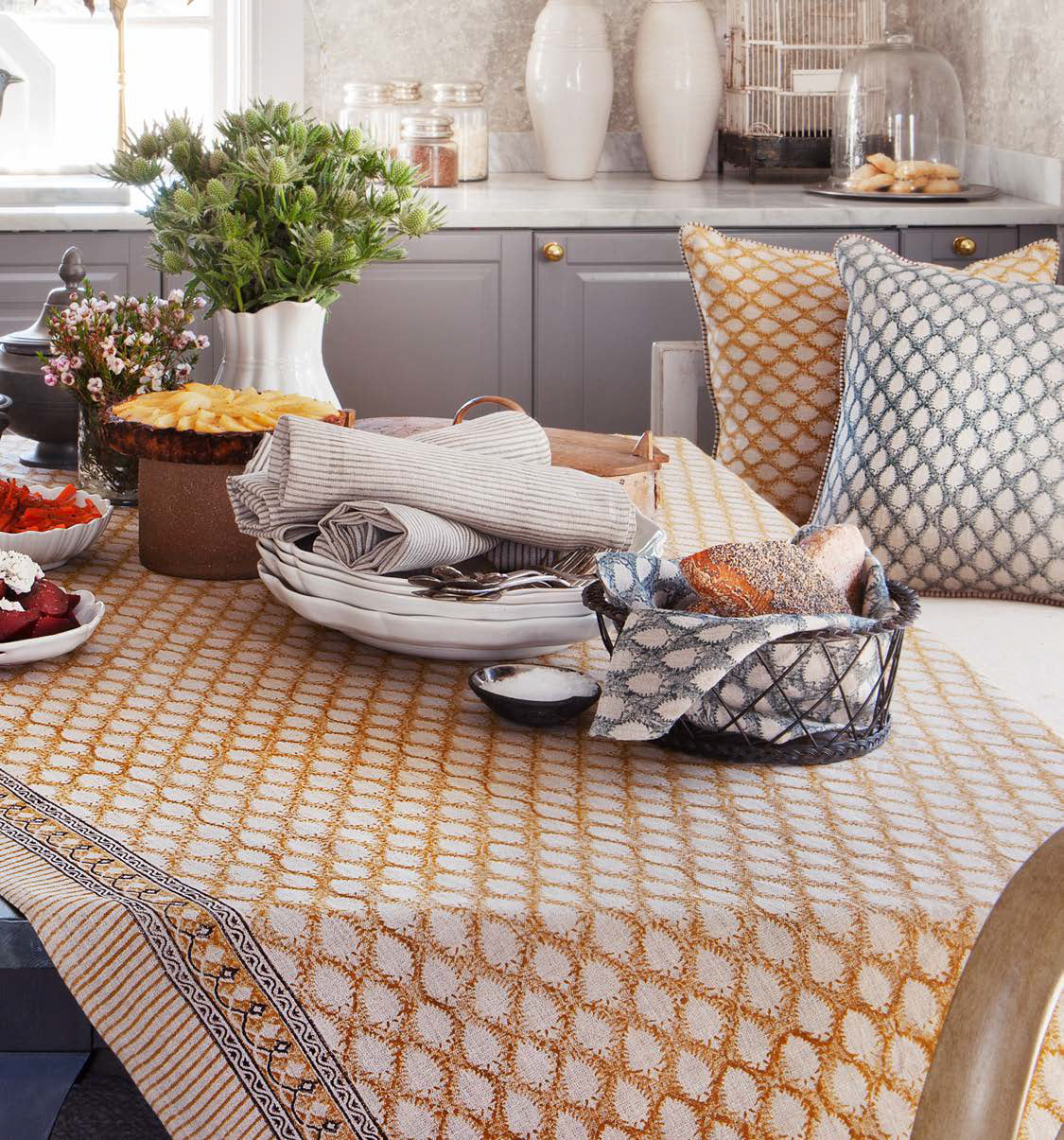 Linen Tablecloth Cypress Design - Ochre
