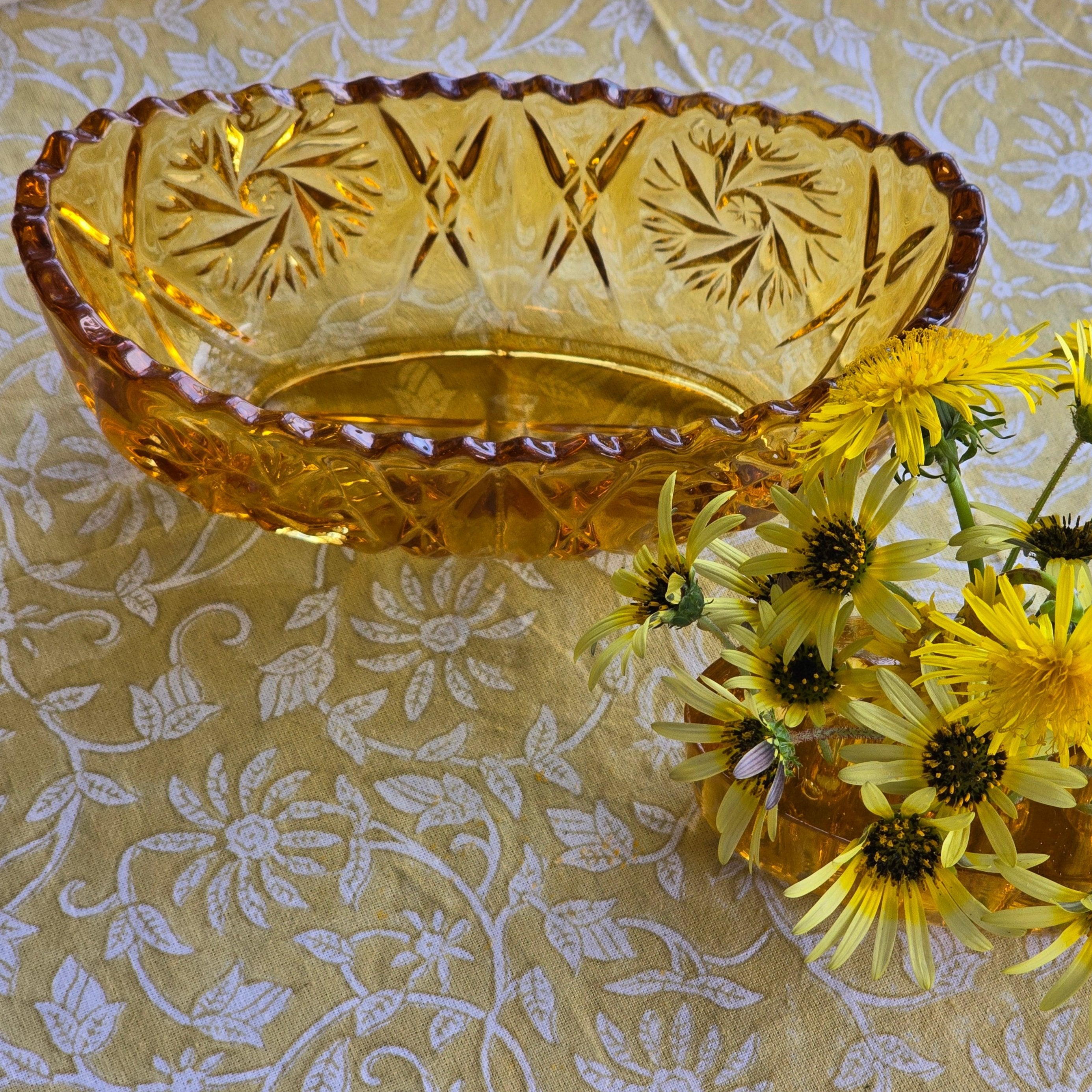 Vintage Amber Glass Flower Bowl with Frog