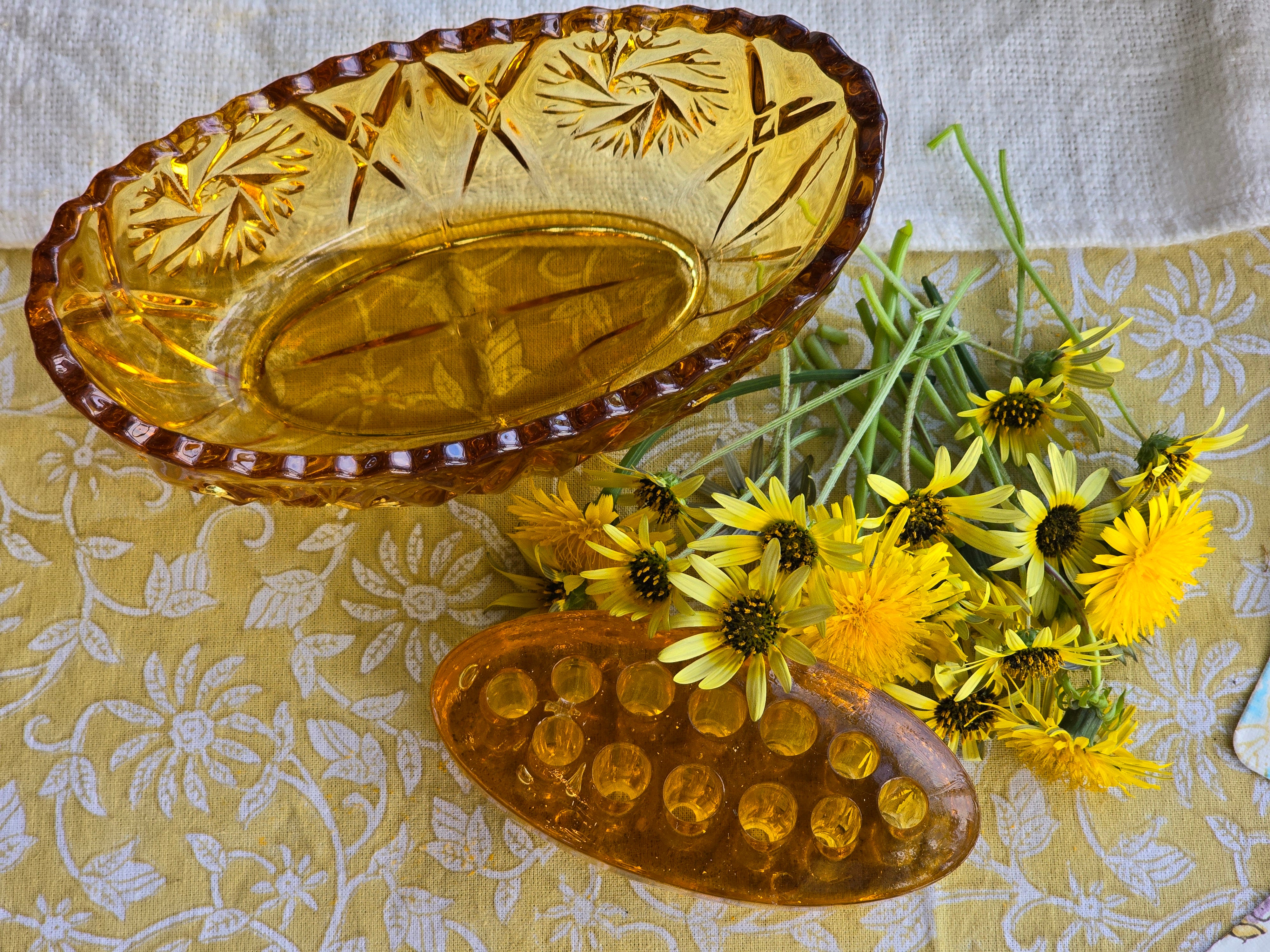 Vintage Amber Glass Flower Bowl with Frog