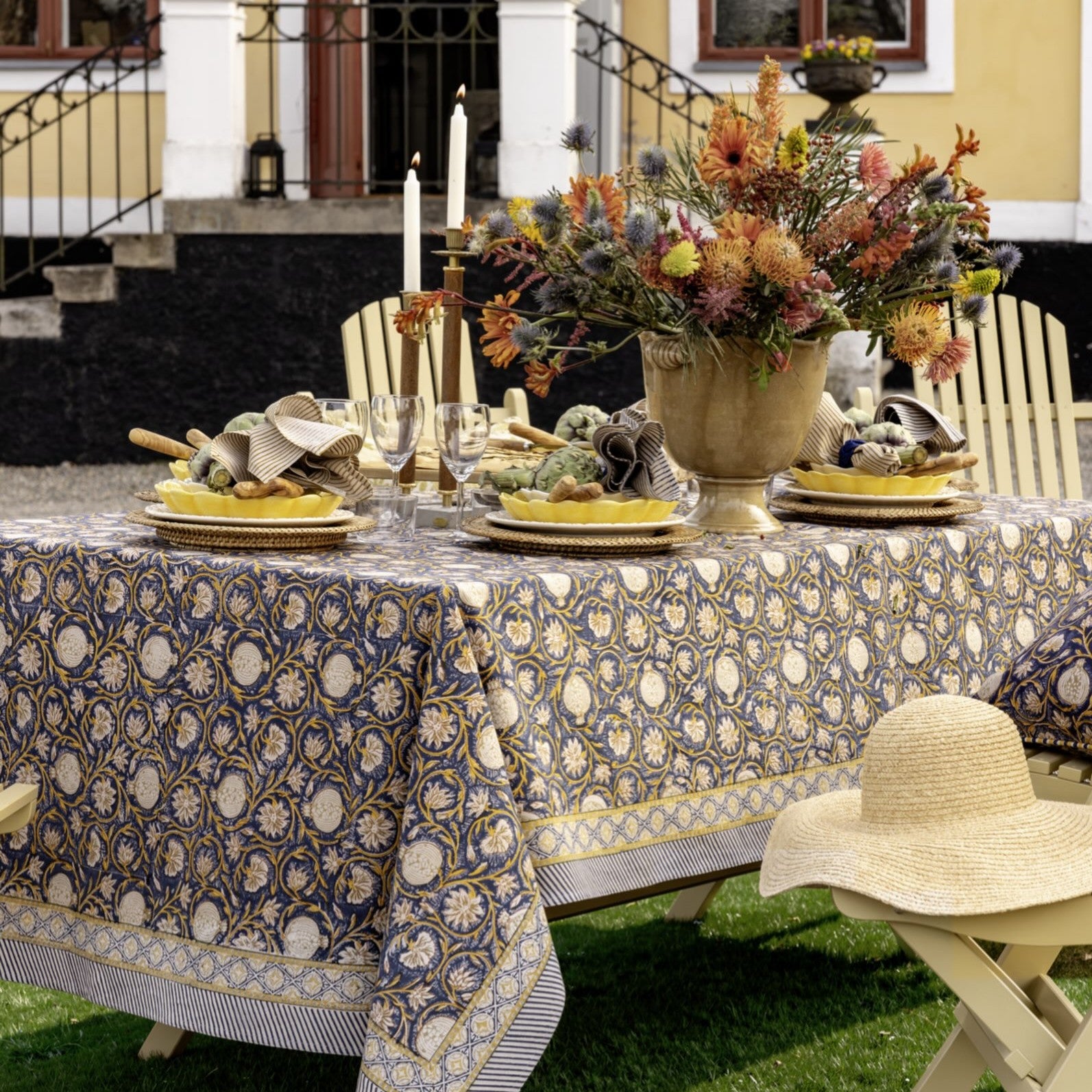 Cotton Tablecloth Tangier Pomegranate - Dark Blue & Ochre