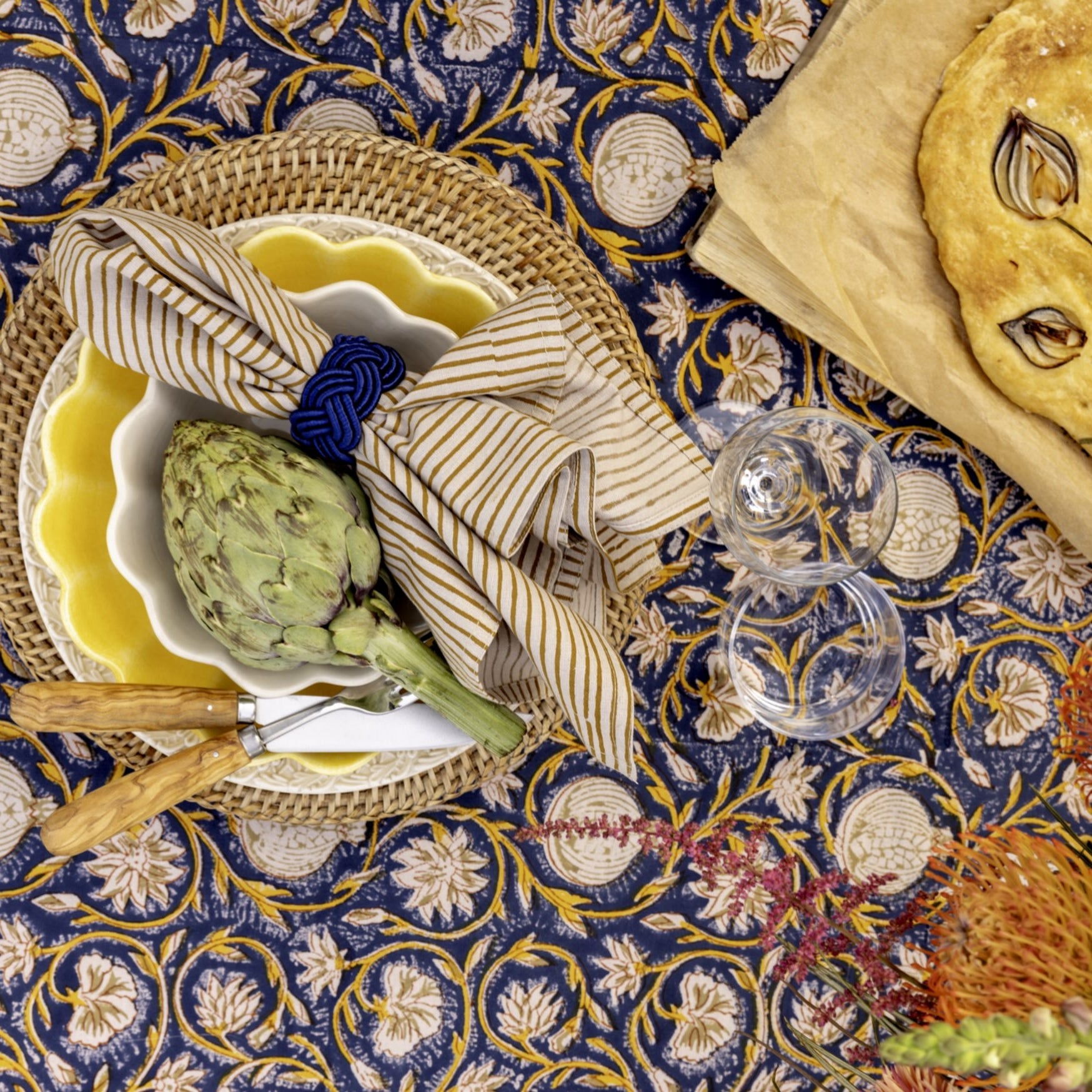 Cotton Tablecloth Tangier Pomegranate - Dark Blue & Ochre