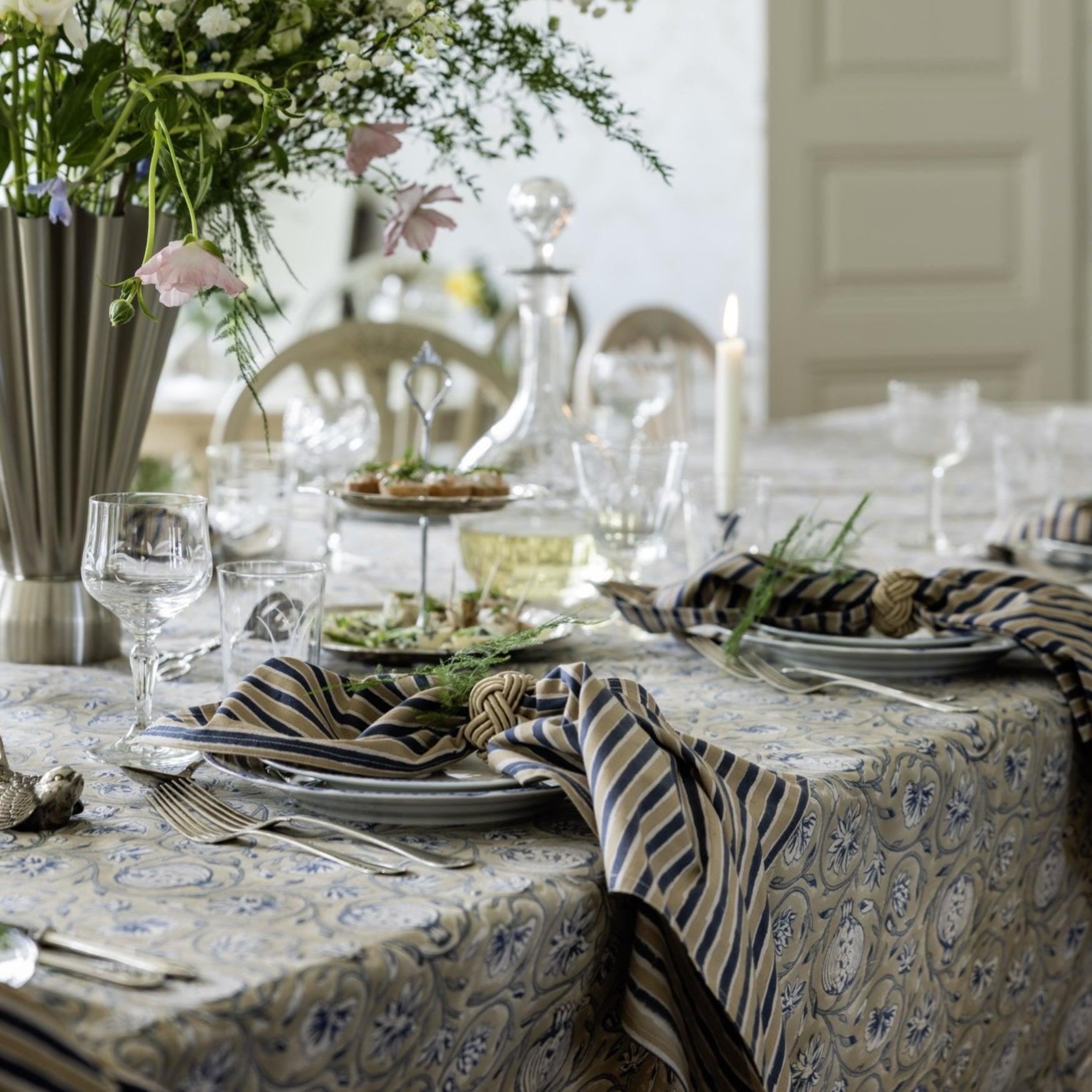 Cotton Tablecloth Tangier Pomegranate - Beige and Blue