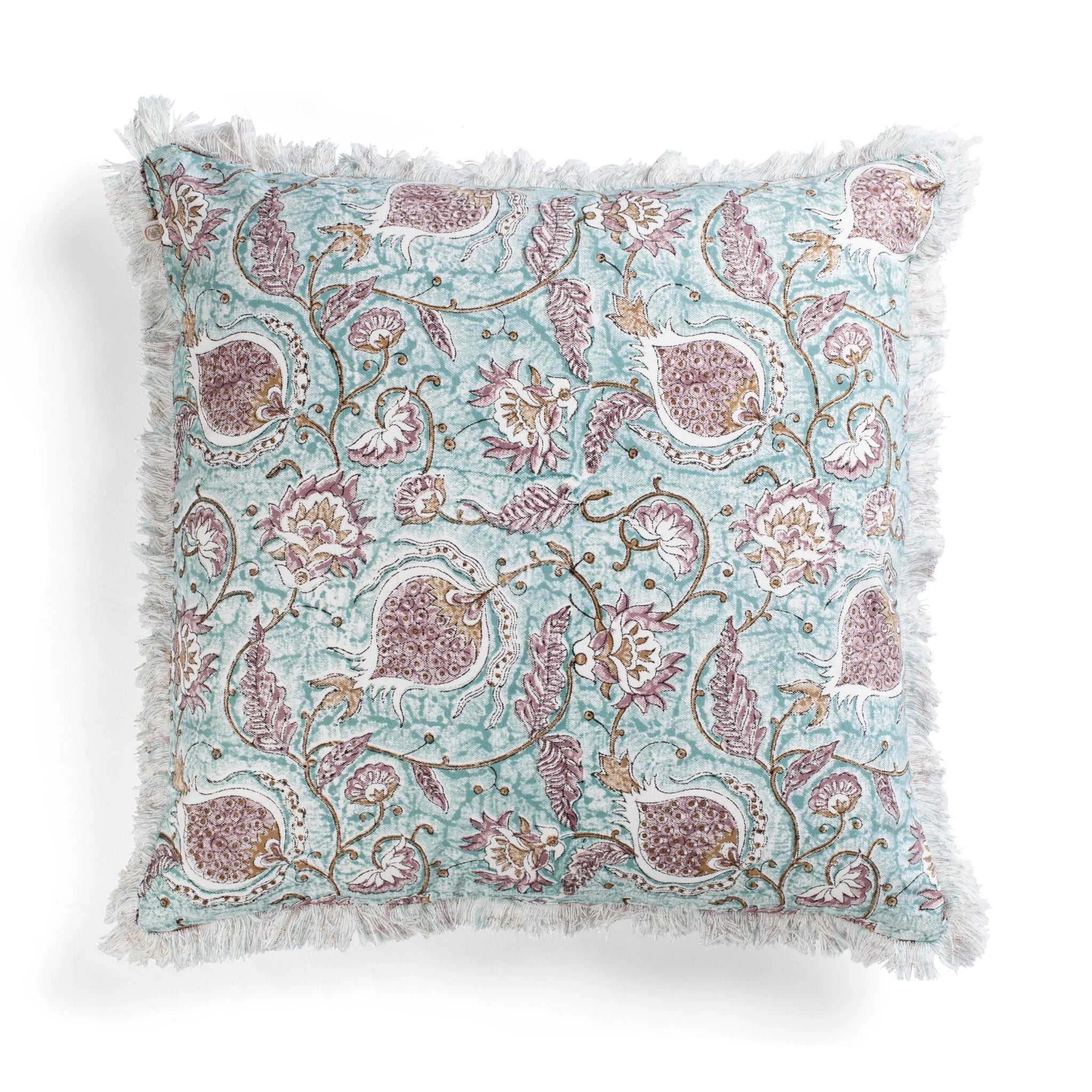 Cotton Cushion Cover Pomegranate Design with frayed edge - Turquoise