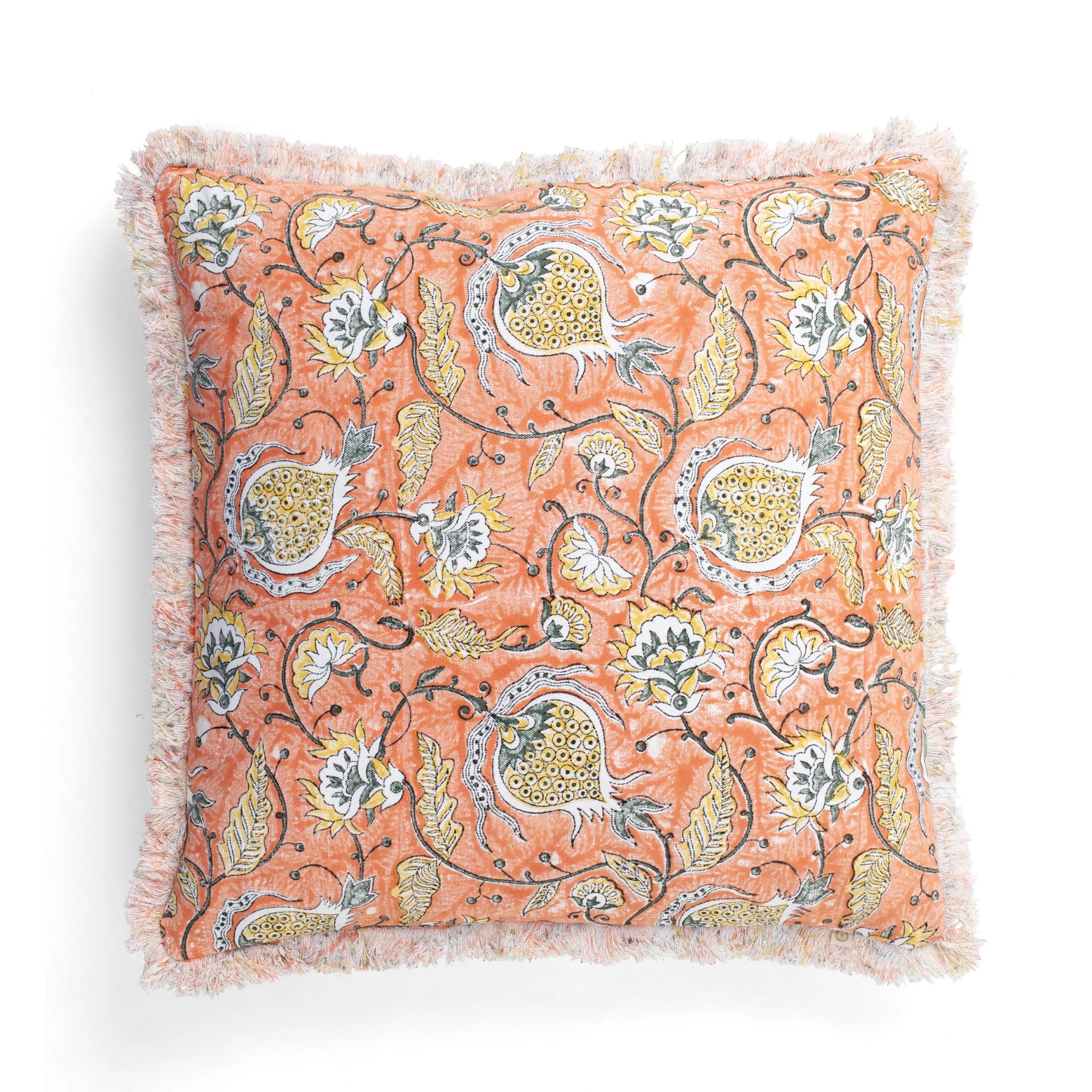 Cotton Cushion Cover Pomegranate Design with frayed edge - Orange