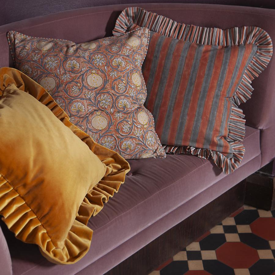 Velvet Cushion Covers with Ruffle - Ochre