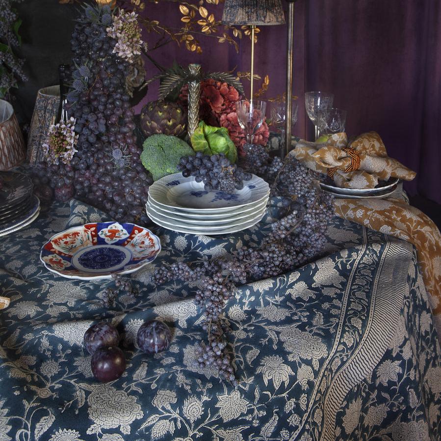 Linen Tablecloth Indian Rose - Denim Blue
