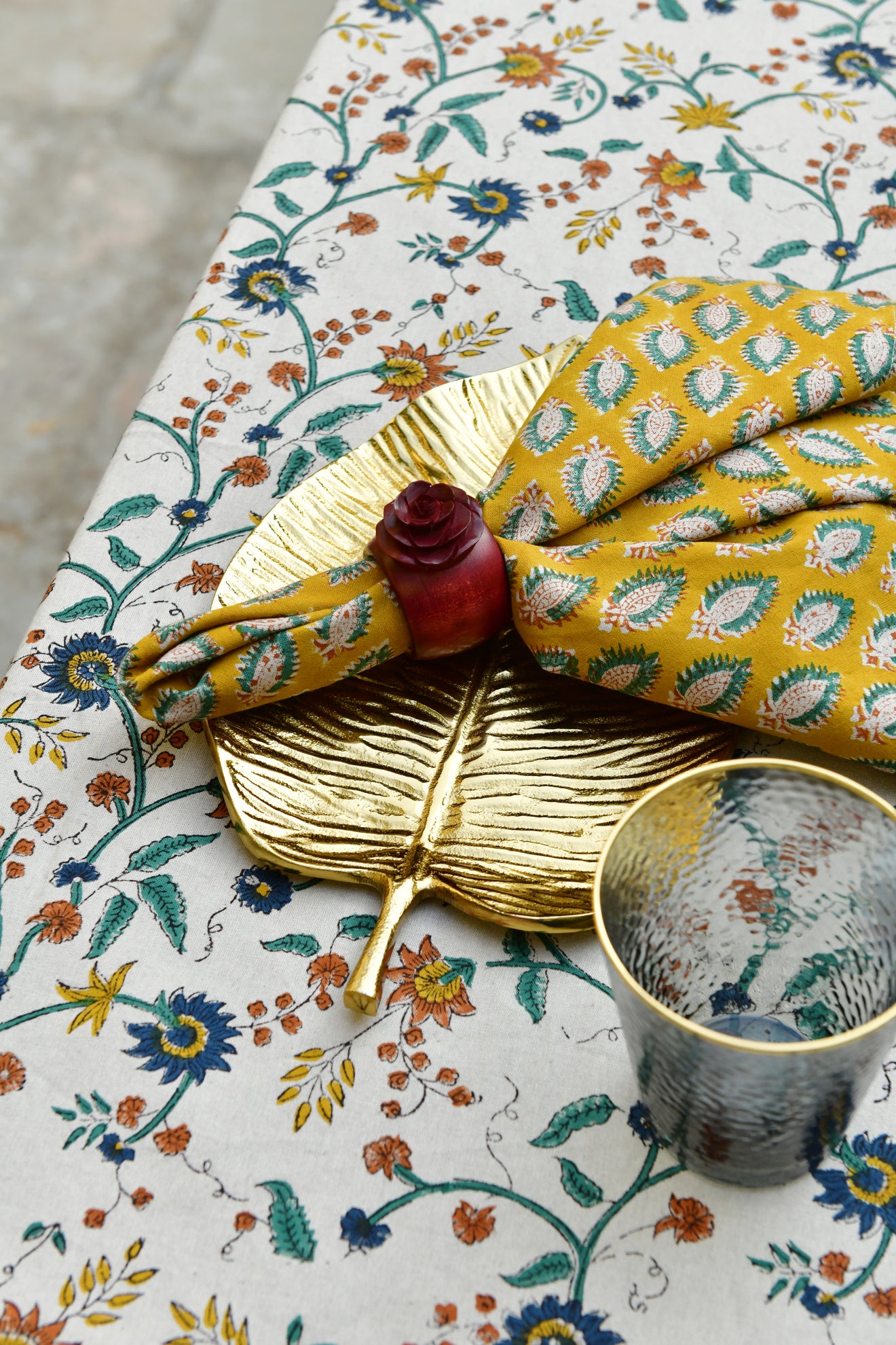 Cotton Napkin Samode Butti - Ochre & Blue - PRE ORDER FOR SPRING
