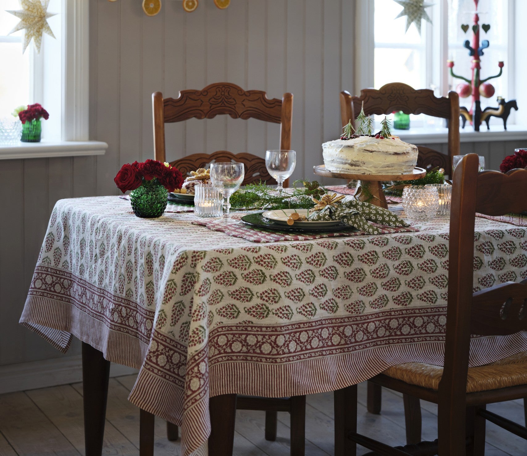 Organic Cotton Tablecloth Persian Paisley - Red, Green & White - PRE ORDER FOR SPRING