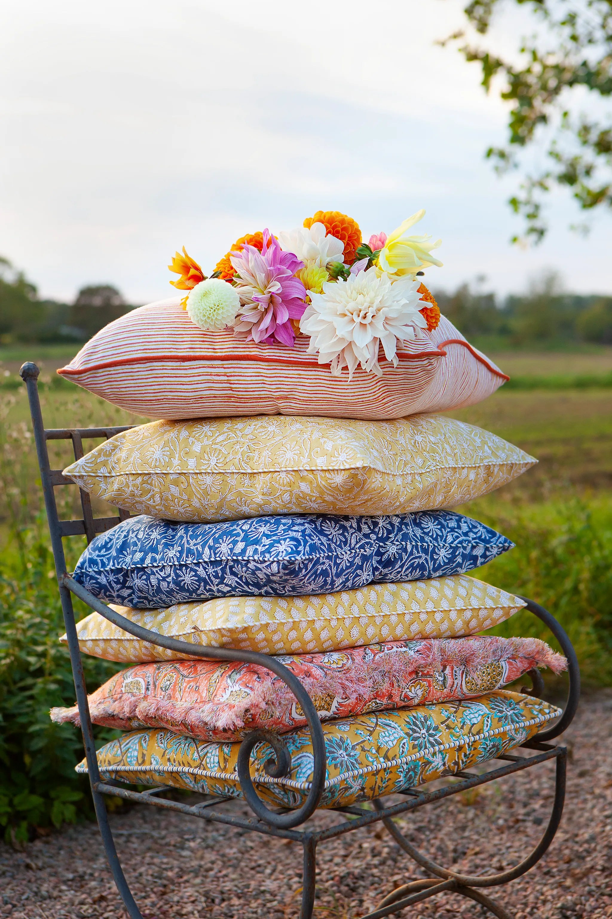 Cotton Cushion Cover Pomegranate Design with frayed edge - Orange