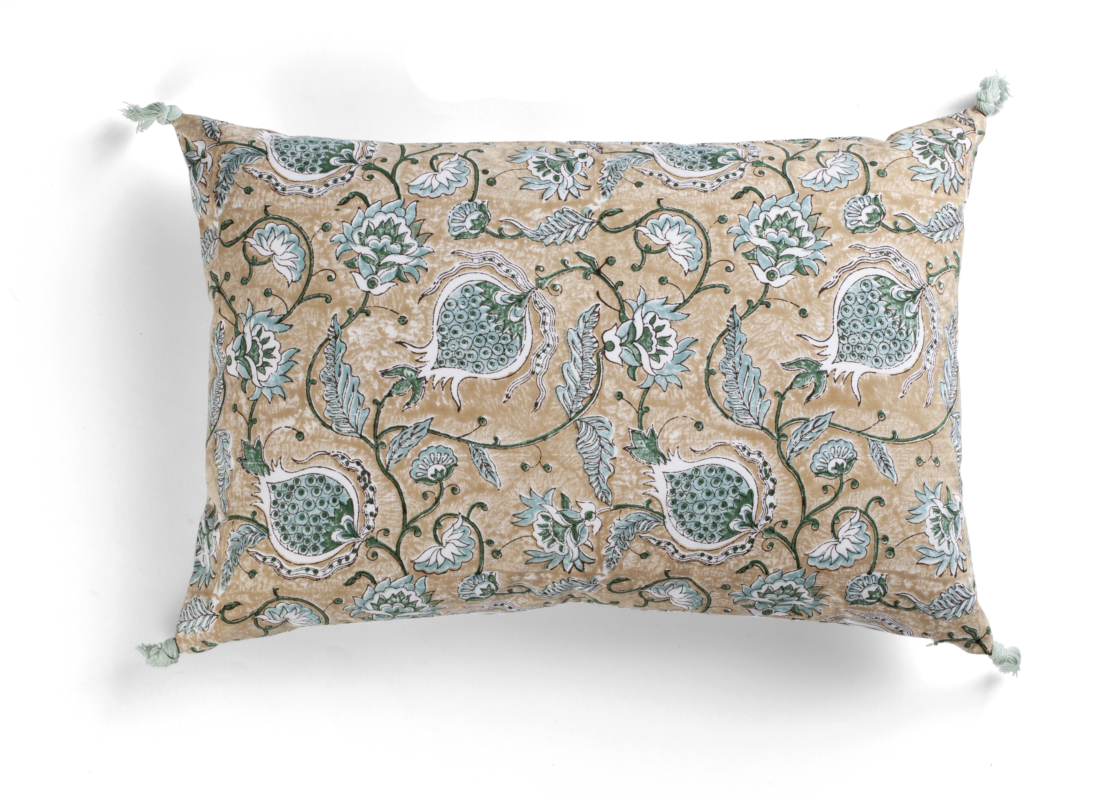 Cotton Cushion Cover Pomegranate Design with Tassels - Beige