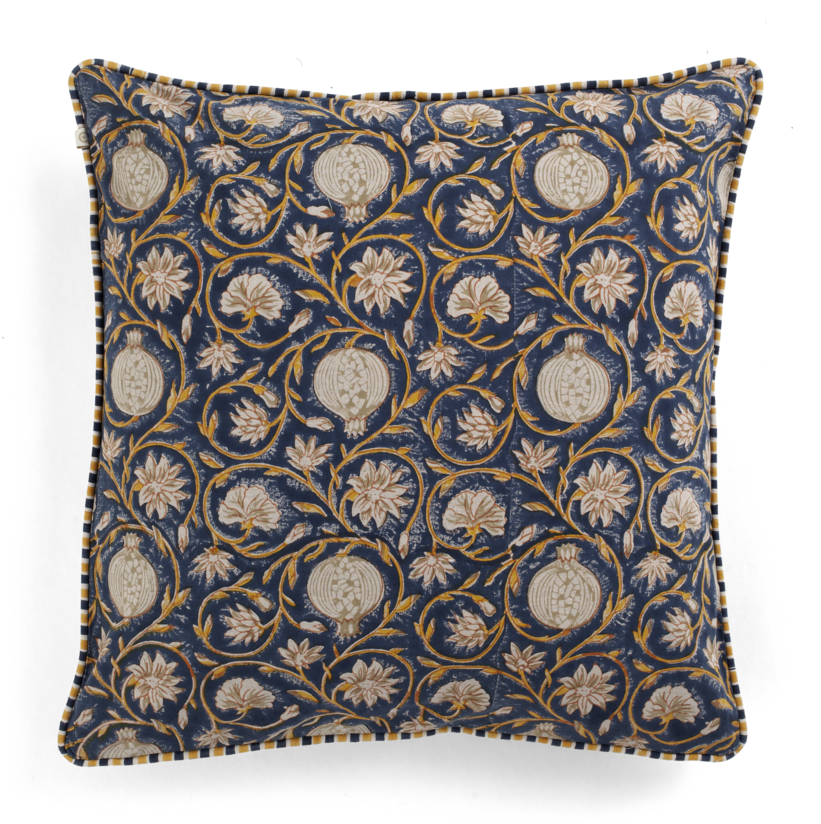Cotton Cushion Cover Tangier Pomegranate Design - Dark Blue & Ochre