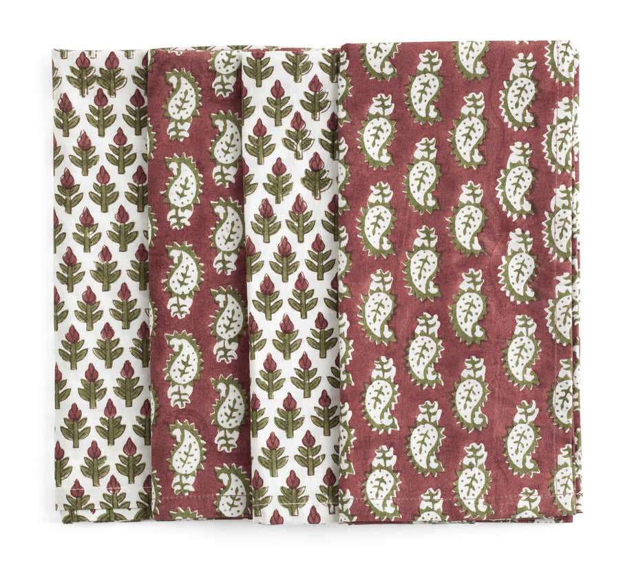 Organic Cotton Napkin Paisley & Hyacinth - Set of 4 - Red & Green - PRE ORDER FOR SPRING