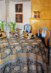 Linen Tablecloth Oriental Design - Black