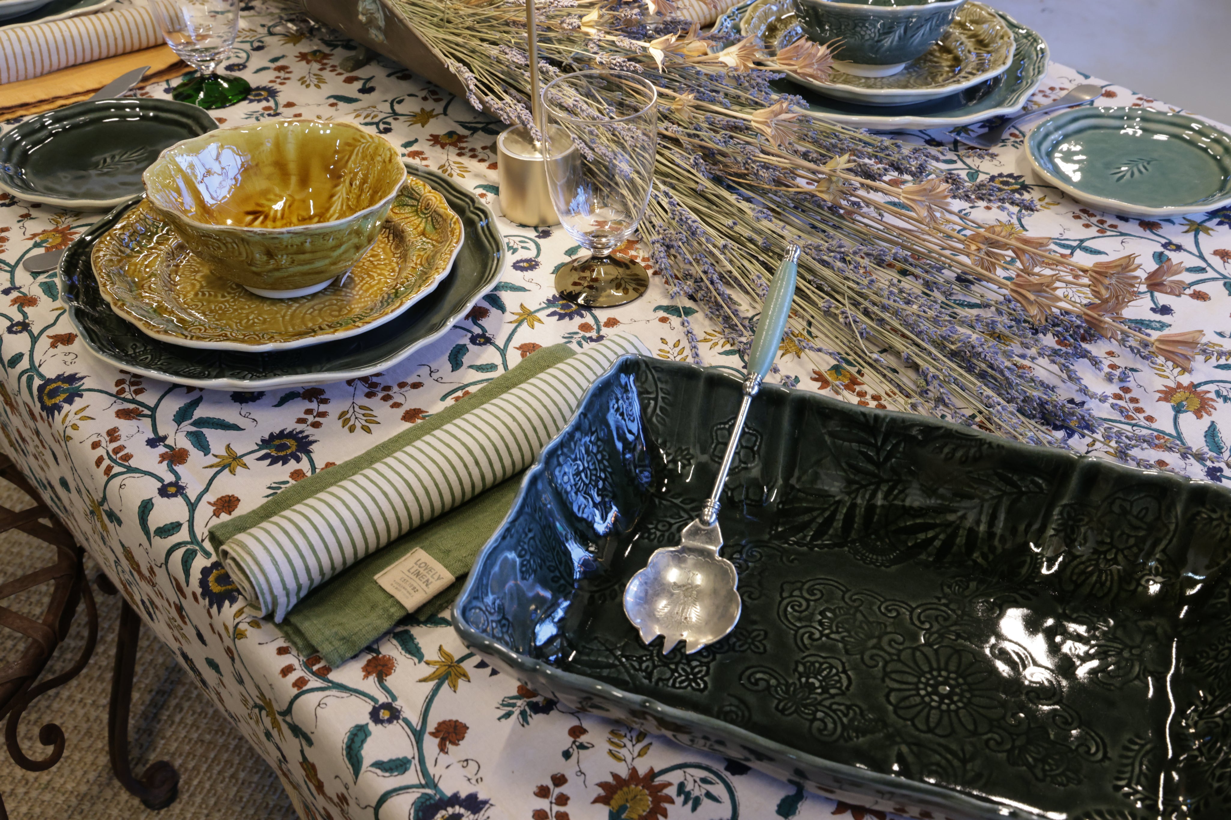 Cotton Tablecloth Samode - Ochre, Blue & Green