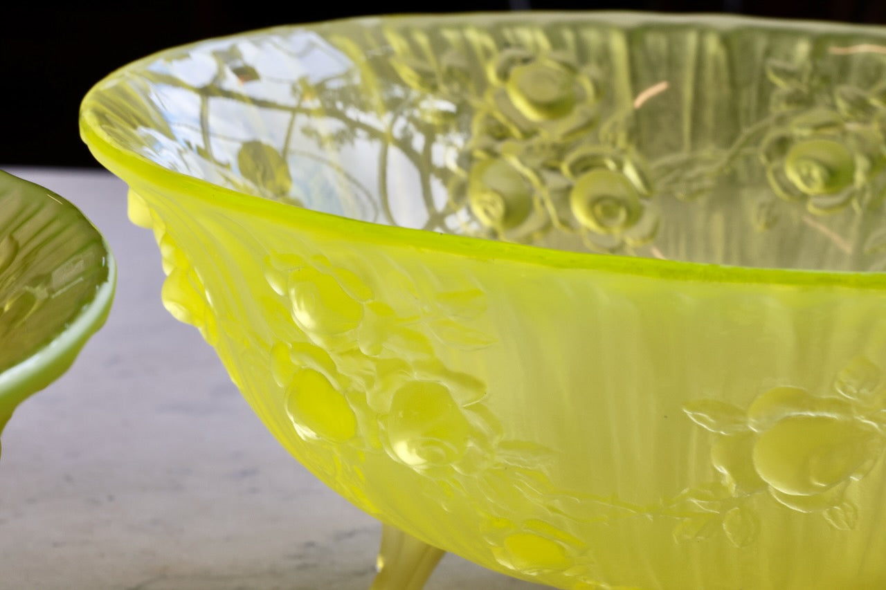 Vintage Uranium Glass Mid Century Fruit Bowls - Pair