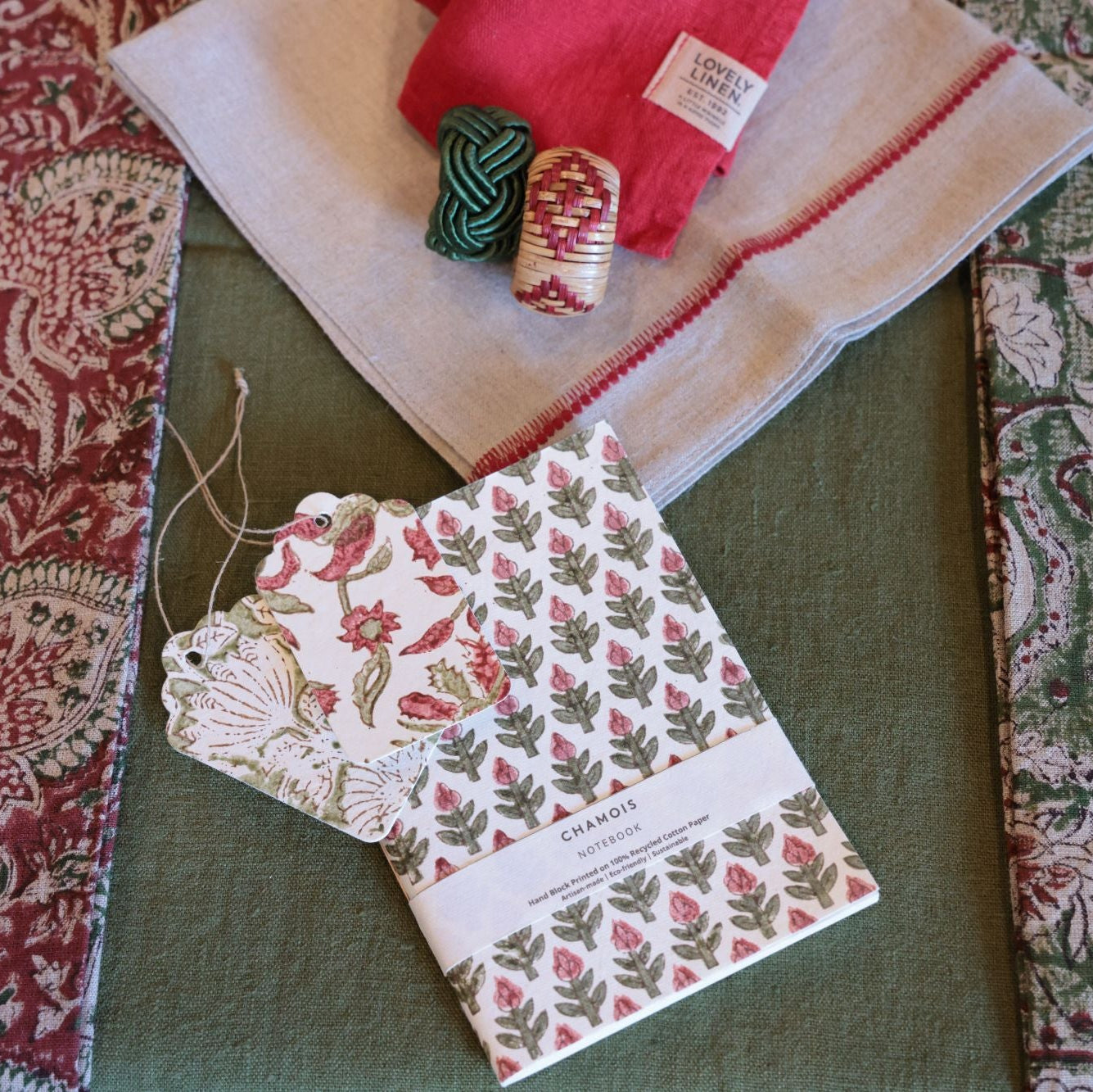 Hand block printed notebook - Red/Green