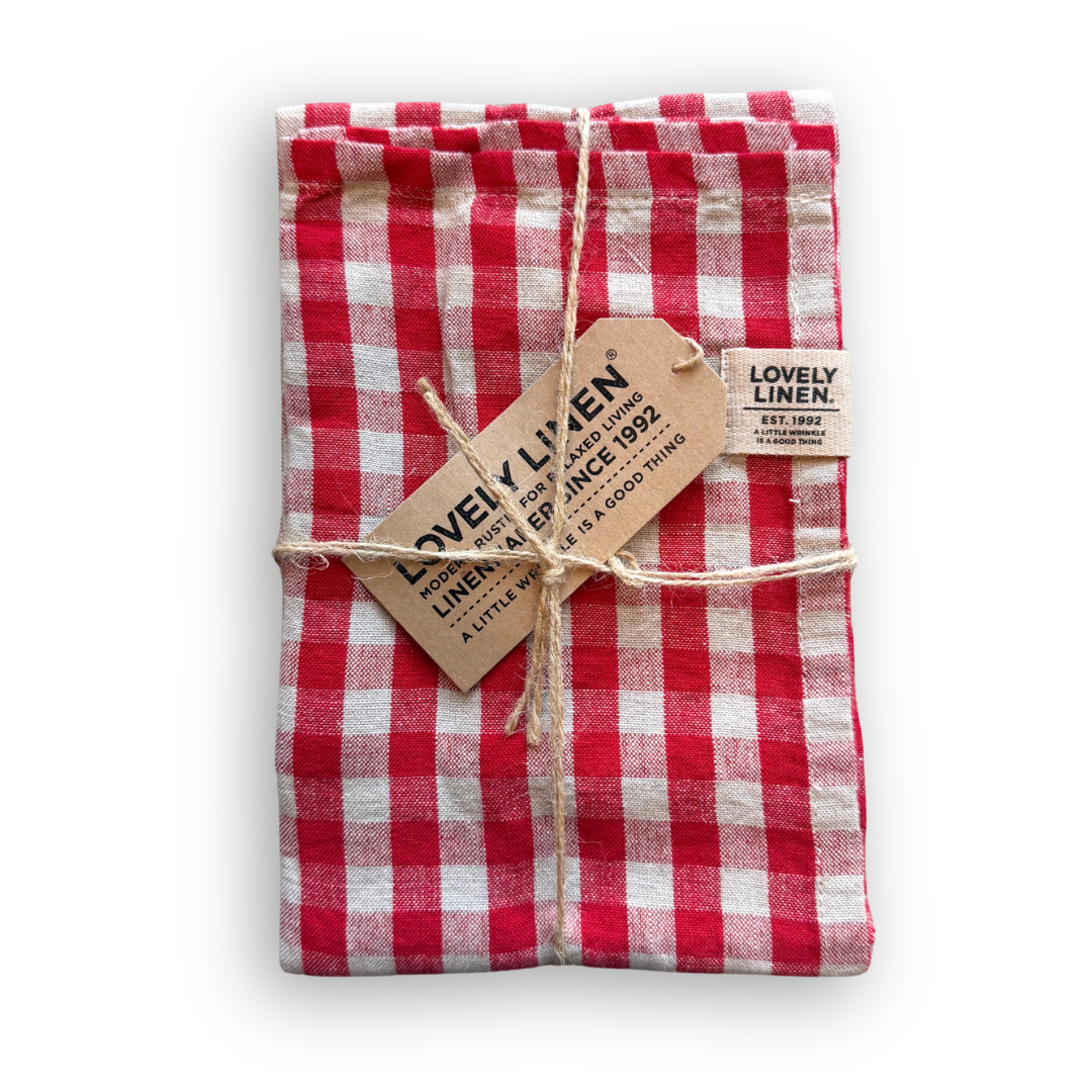 Misty Cotton/Linen Kitchen Towel Stripe or Check - Real Red