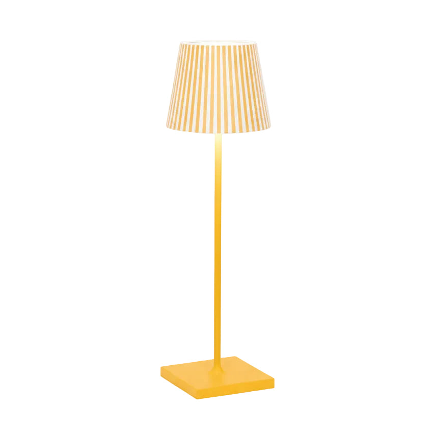 Yellow floor lamp with a striped shade on a white background