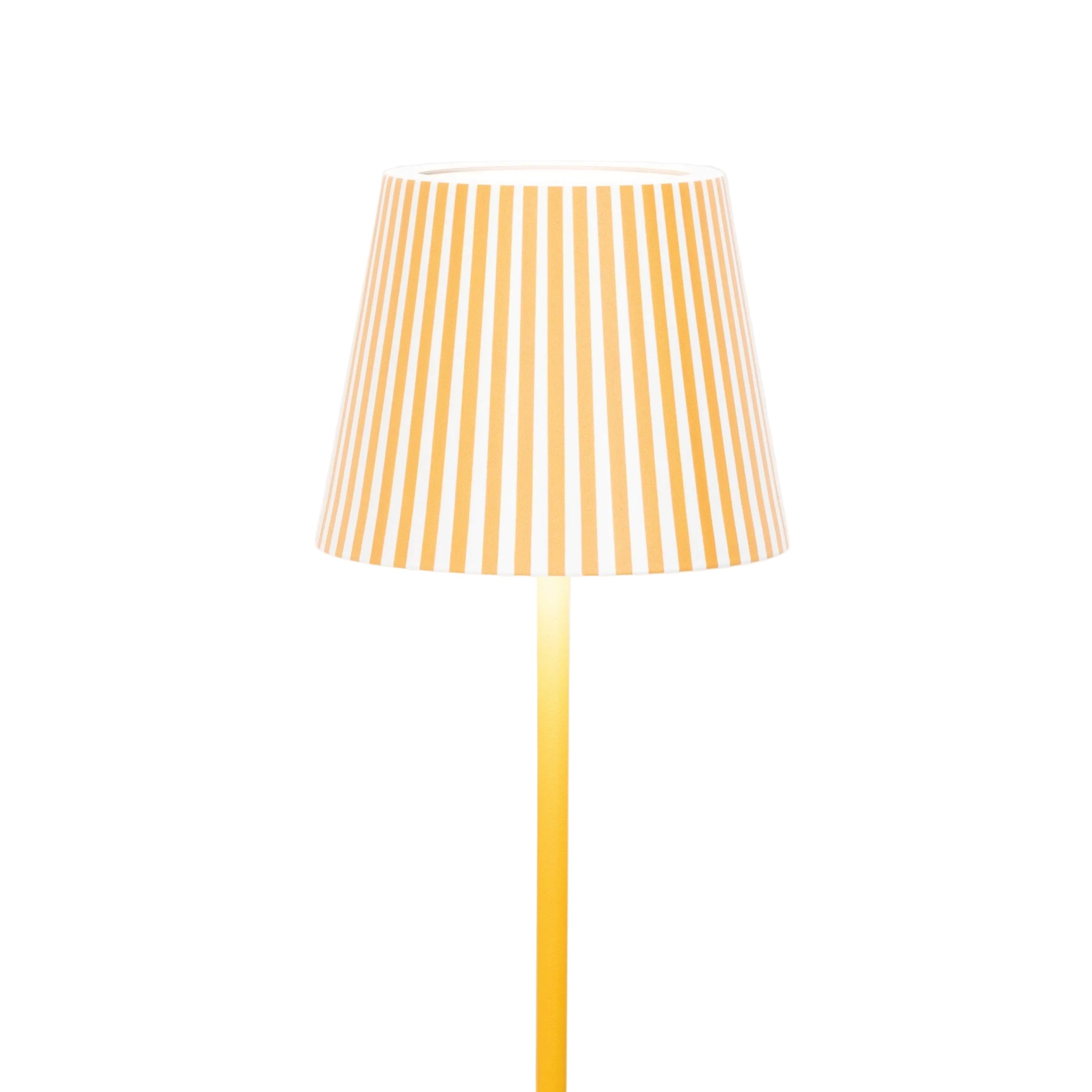 Yellow floor lamp with a striped shade on a white background