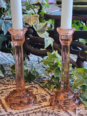 Vintage European Pink Pressed Glass Tall Candle Holders - Pair