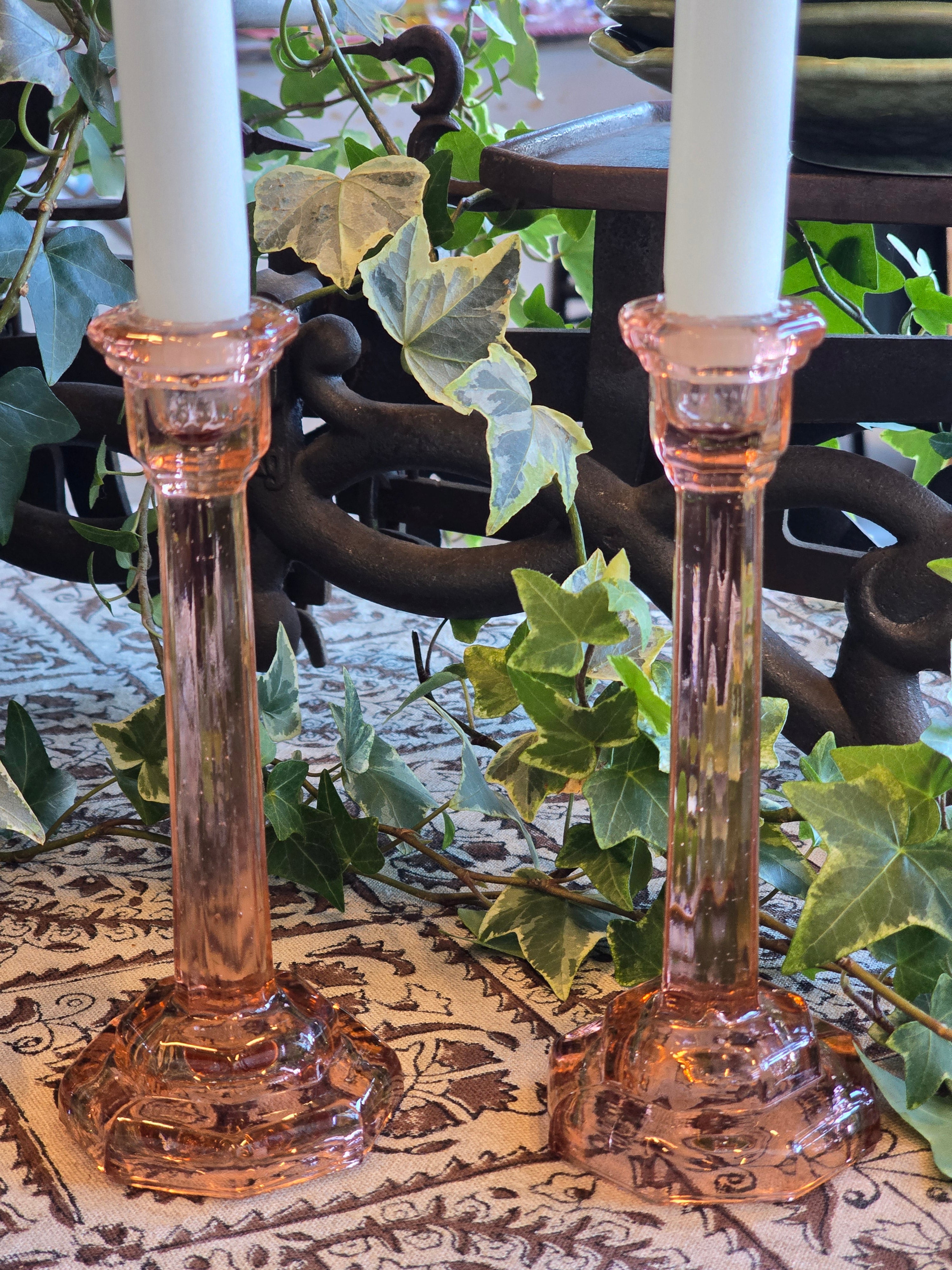 Vintage European Pink Pressed Glass Tall Candle Holders - Pair