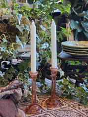 Vintage European Pink Pressed Glass Tall Candle Holders - Pair